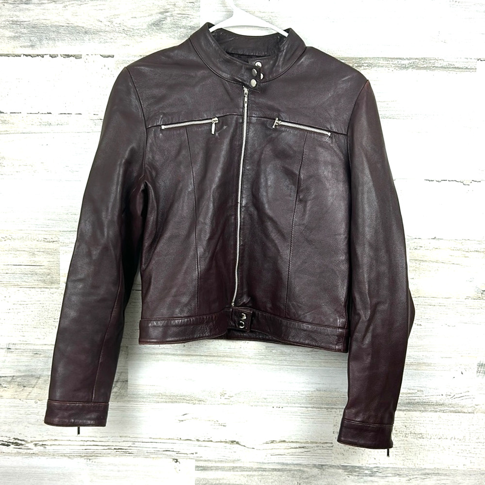 Vintage Oasis Womens 12 Burgundy Leather Cropped Moto Jacket Rare Biker Luxe